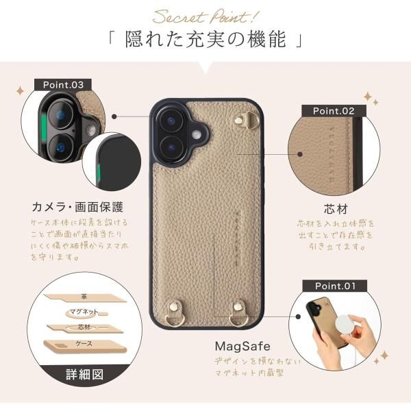 iPhone15Plus ケース スマホケース キーリング付き ショルダーストラップ付き シュリンクレザー グレージュ 15Plus ケース スマホケース iPhone15Plus ショルダーストラップ付き マカロン キーリング