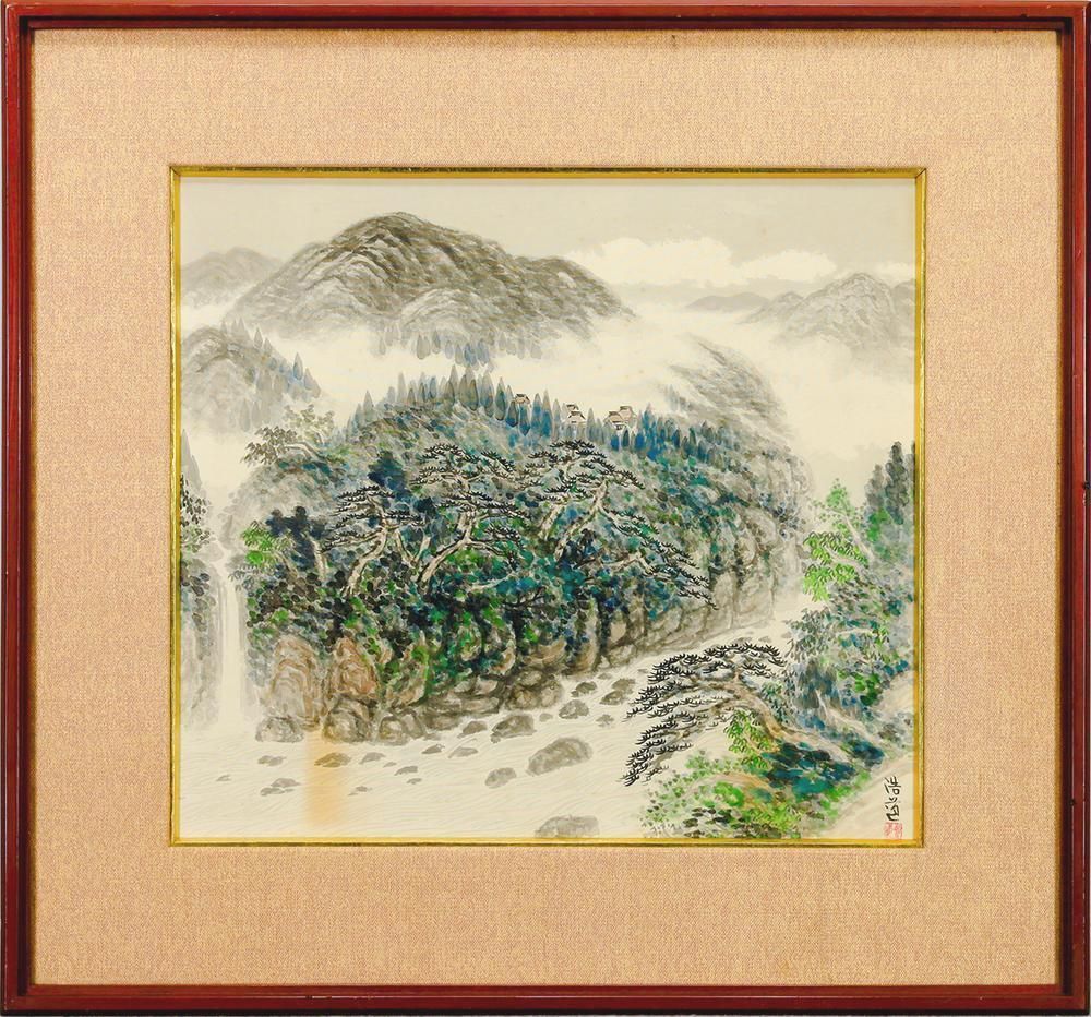 真作】【WISH】 笠尾浩道 日本画 絹本 霧に浮かぶ深山の松林と