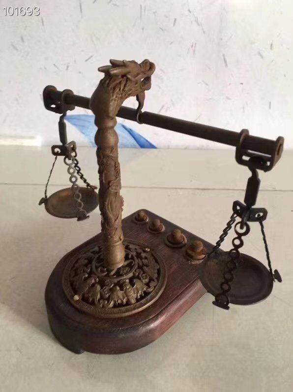 旧蔵 純銅 真鍮 龍天秤 銅天秤 天地良心称 置物 護符開運 お守り 厄除け