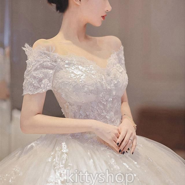 ウェディングドレス オフショルダー トレーン ドレス Vネック ホワイトドレス ロング 結婚式ドレス 二次会ドレス 披露宴 ブライダルドレス チュール hab