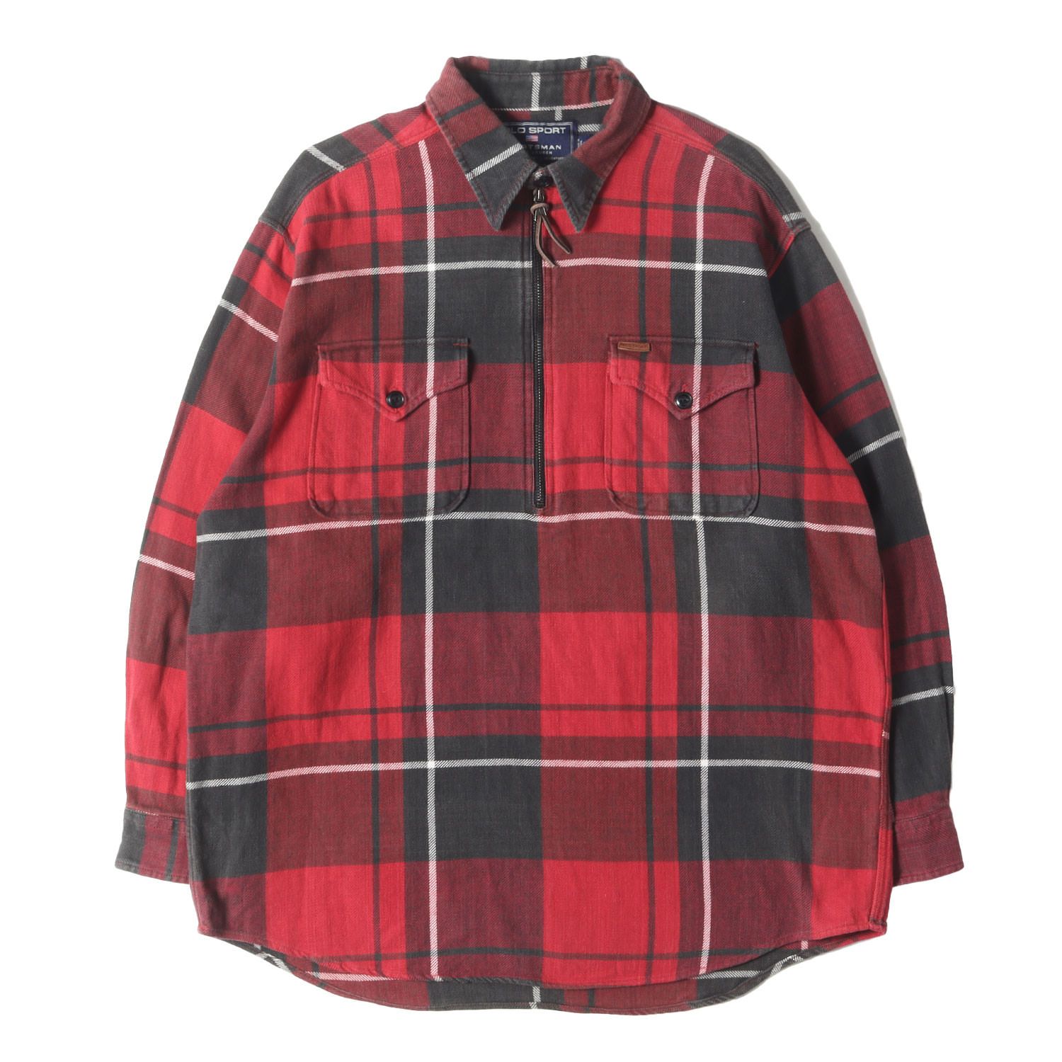 RALPH LAUREN ラルフローレン シャツ レッド×ブラック サイズ:L | 90s POLO SPORT ヘビー チェックネル ハーフジップ シャツ | 90年代 古着 | トップス カジュアルシャツ 長袖【メンズ】