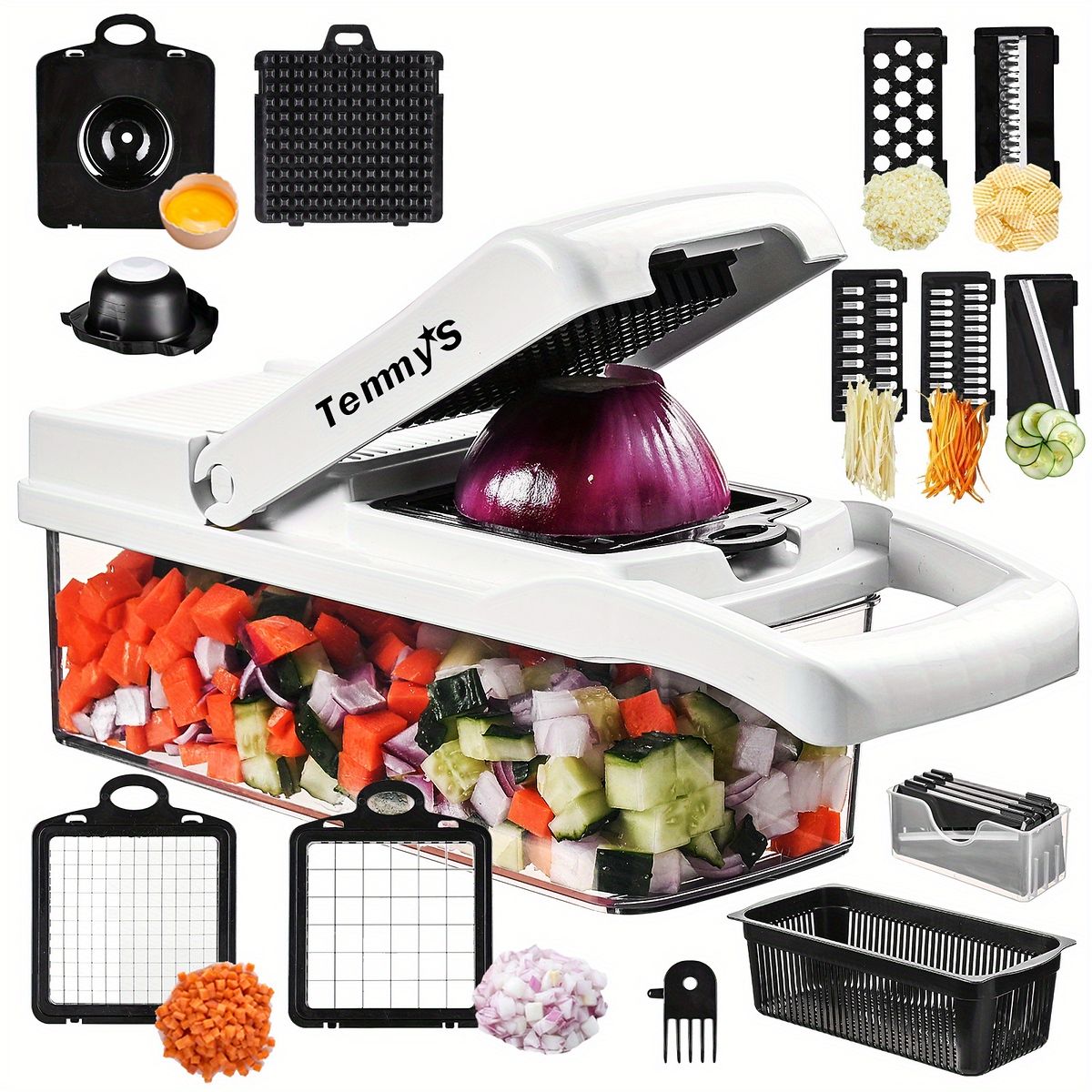15 in 1 野菜チョッパー 多機能フードチョッパー キッチン 野菜スライサー ダイサーカッター 野菜チョッパー ブレード8個付き ニンジンとニンニクチョッパー 容 : 15-in-1 多機能野菜チョッパー 8枚刃 玉ねぎ\u0026ガーリック