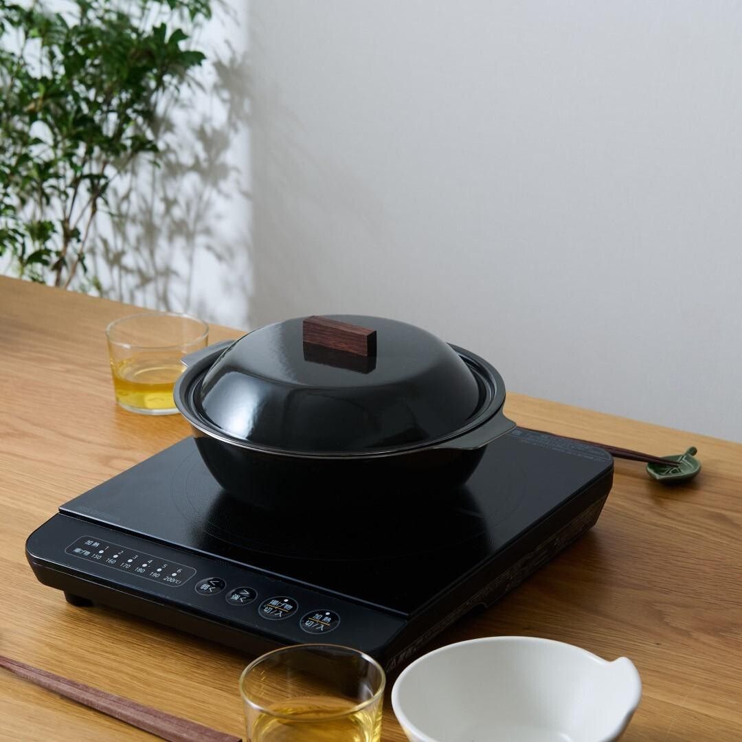 萬古焼ご飯鍋 4合炊き 黒釉線紋 直火専用 ご飯土釜 2重蓋 萬古焼 ご