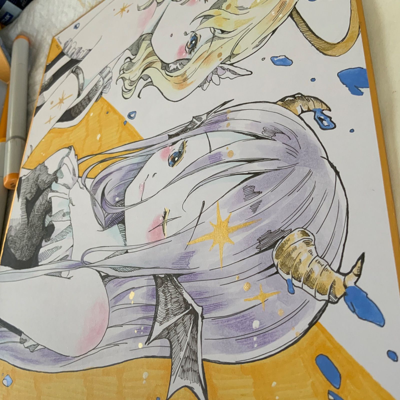 魔法使い☆「オリジナルイラスト絵画原画」 オリジナルイラスト 天使と悪魔ちゃん 色紙大 手描き 原画