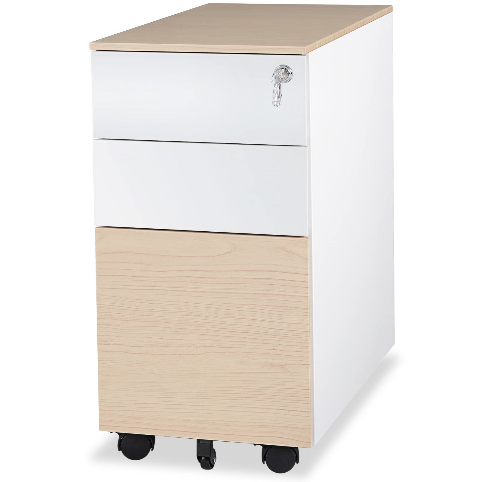 在庫処分 スチール製 オフィスワゴン サイドワゴンキャビネット 袖机 デスクワゴン キャスター付き 鍵付き 3段オールロック 完成品 Fenge 大容量 A4対応FC303002WO