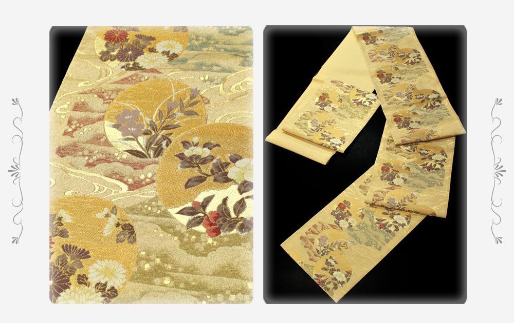 中古】袋帯 正絹 金地 椿 菊 桔梗 波 雲 月 六通 上品 中古 お仕立て