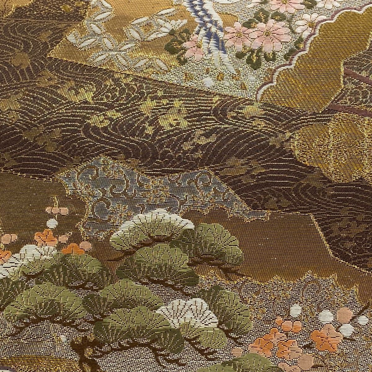 袋帯 秀品 扇 鶴 金糸 箔 金茶 六通 正絹