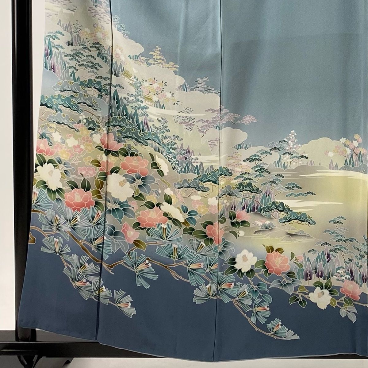 訪問着 身丈159cm 裄丈67cm M 袷 椿 松 染め分け ぼかし 水色 正絹 秀