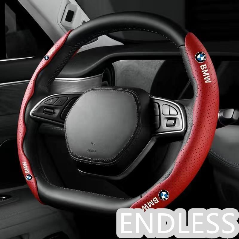 【新品未使用】レッド ハンドルカバー ハンドル保護 専車ロゴ ステアリングカバー レザー 滑り止め D型 O型 分割 タイプ 2