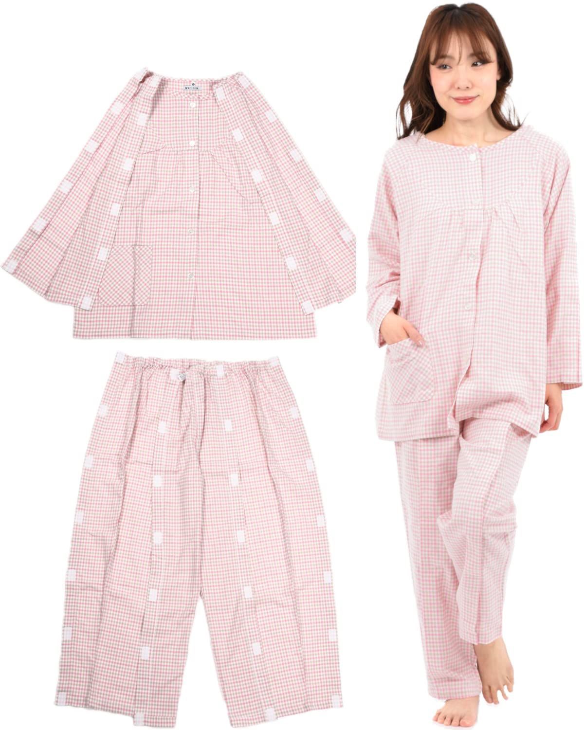 Size L_Style 上下セット_Color ピンクチェック まごころ介護 介護 パジャマ 通年用 レディース 日本 検品 フルオープン 綿 交換予備の面ファスナー付 上下セット ピンクチェック L