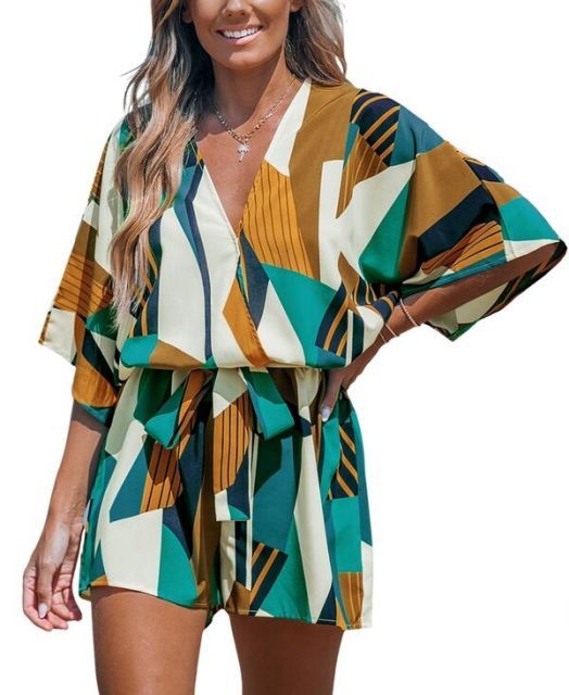 【送料無料】 カップシー レディース ハーフパンツ・ショーツ ボトムス Women's Abstract Geo Dolman Straight Leg Romper Dark blue