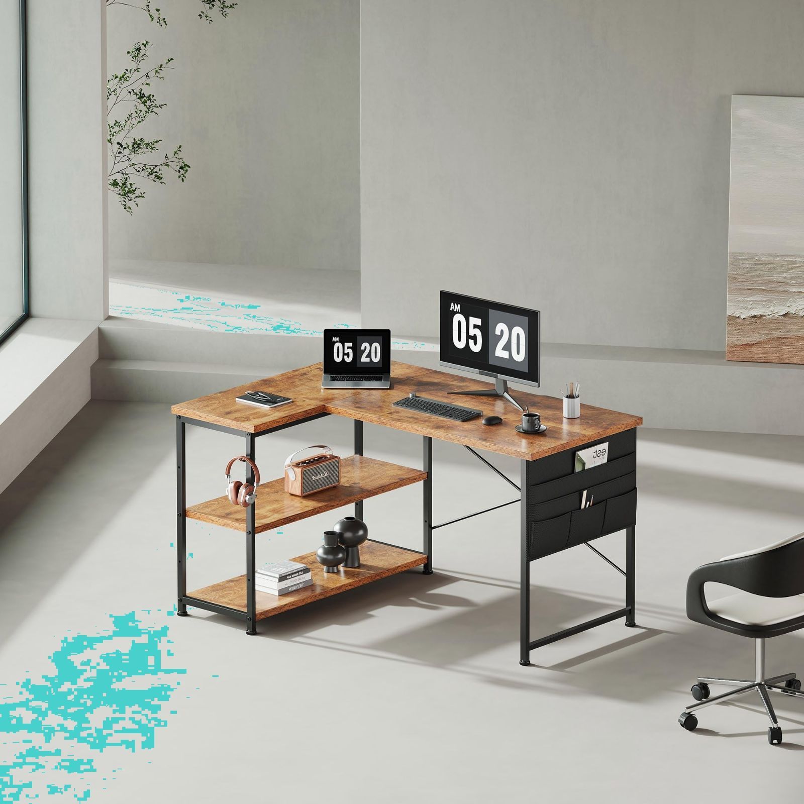 在庫処分】収納袋付き勉強机 pcデスク l字デスク コーナーデスク ゲーミングデスク