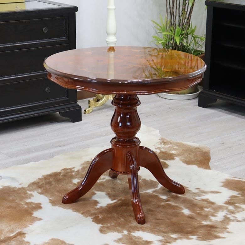 ダイニングテーブル3点 80cm 象嵌 イタリア 本皮 アームチェア 肘付 円形 イタリア ダイニングテーブル 3点セット 80cm 円形 象嵌 2人用