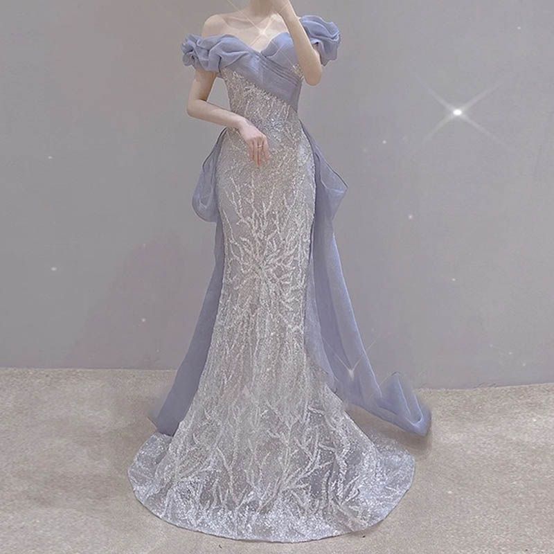 2025 ドレス カクテルドレス フィッシュテール ワンショルダー イブニングドレス シルバー 花嫁 オフショルダー スパンコール 刺繍 ロングドレス フォマール パーティードレス