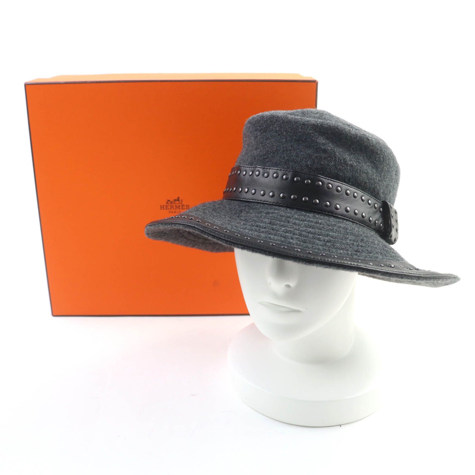 極美品☆HERMES エルメス カシミヤ100％ レザートリム スタッズ
