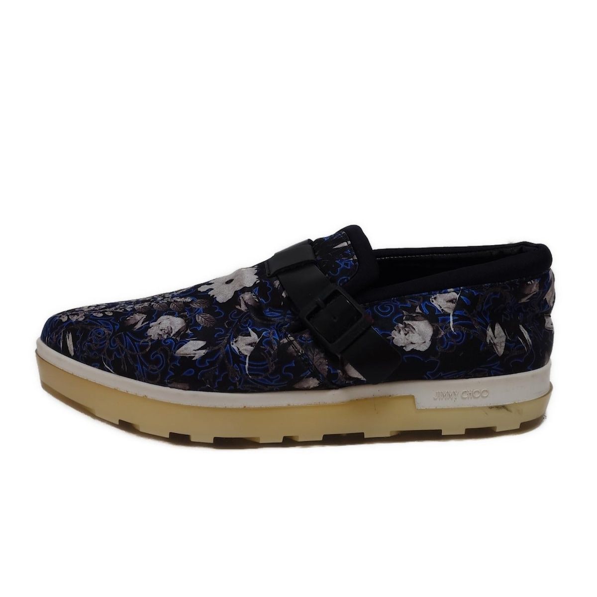 JIMMY CHOO ジミーチュウ スリッポン レディース - 黒×ブルー×マルチ 花柄 レザー
