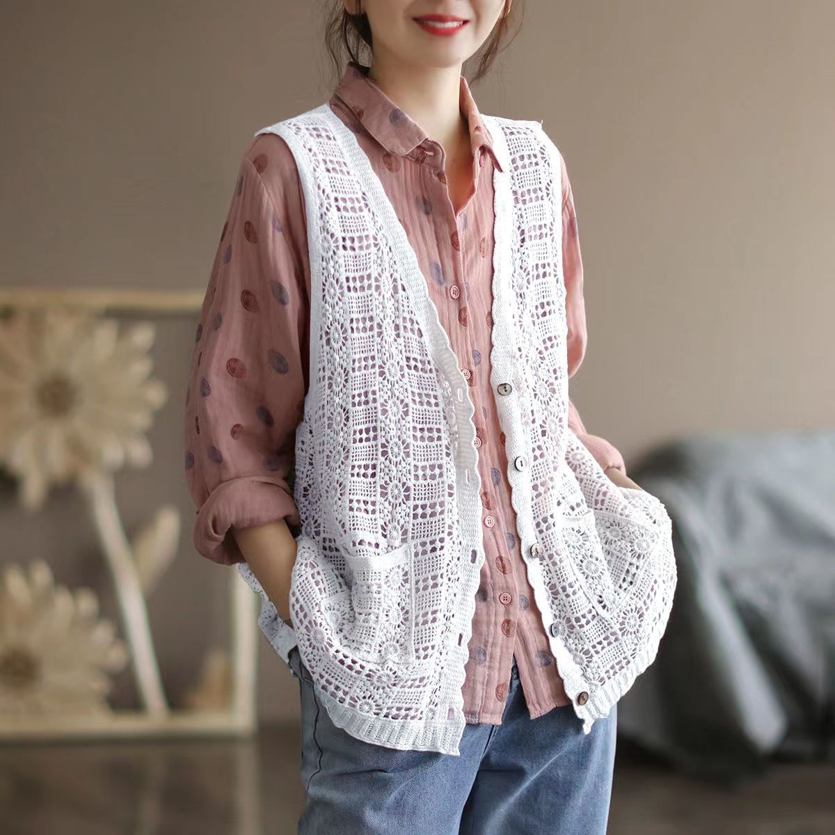 ベスト ジレ コットンシルク厚中わたビッグカラーベスト レディース 優待価格[Audrey and John Wad]コットンシルク厚中わたビッグ