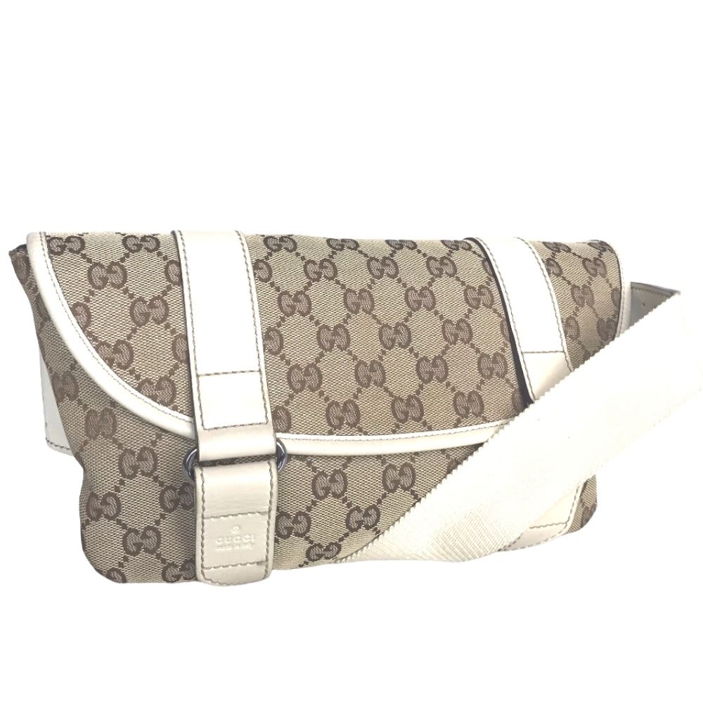 GUCCI グッチ ボディバッグ ウエストバッグ メンズ GGキャンバス ブラウン ホワイト 斜め掛け 白 茶色 145851 中古品【鑑定済】