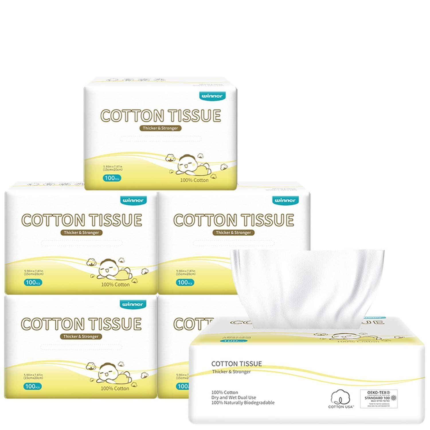 数量 ベビーケア 手口ふき 天然コットン 使い捨てハンカチ クレンジングタオル 赤ちゃん 毛羽立ちなし 100枚×6個 15x20cm 乾湿両用 おしりふき ドライ ベビーコットン 使い捨てタオル Winner