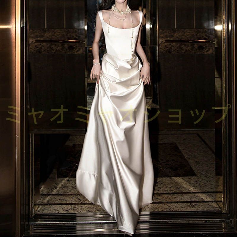 ウェディングドレス ワンピース 二次会 白 結婚式 ウエディングドレス 花嫁ドレス スクエアネック ノースリーブ 肩ひも フォト婚 トレーン 挙式 サテン マーメイド 1084
