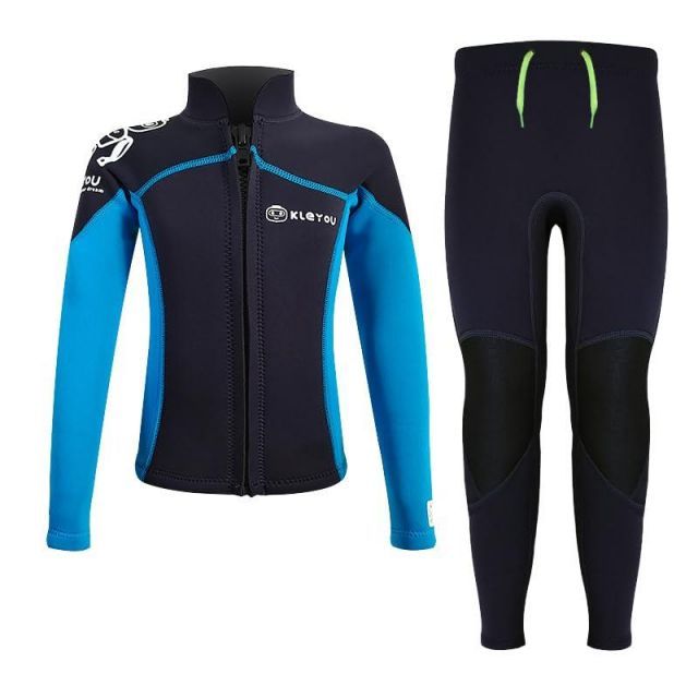 MORGEN SKY ウェットスーツ キッズ 水着 上下セット 男の子 女の子 2.5mmネオプレン マリンスポーツ ダイビング 水遊び プール 長袖 長ズボン 防寒保温 日焼け止め サーフィン 子供用 R002 (黒青-上