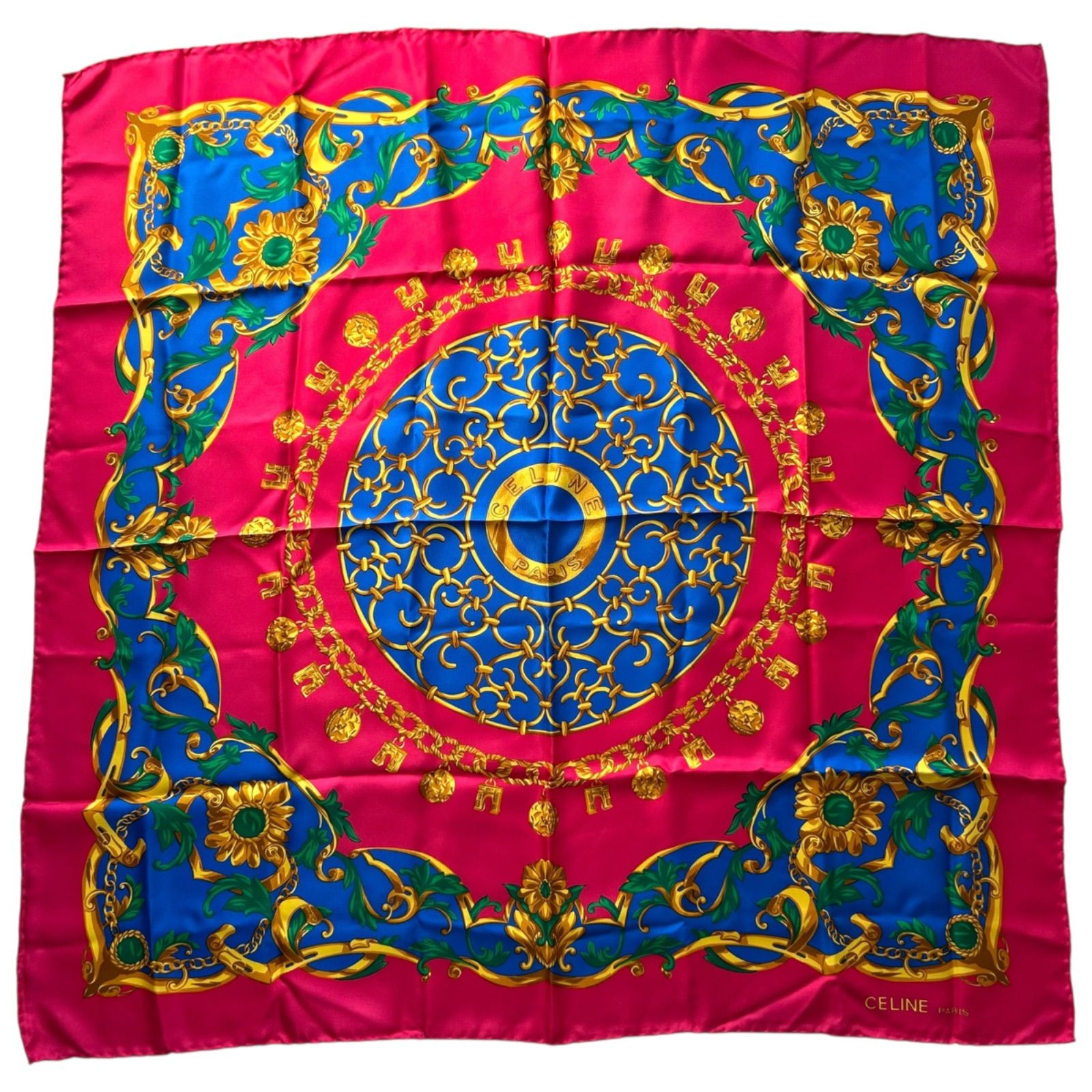 CELINE ピンク シルクスカーフ CELINE セリーヌ イタリア製 100％シルク ピンク 馬具モチーフ