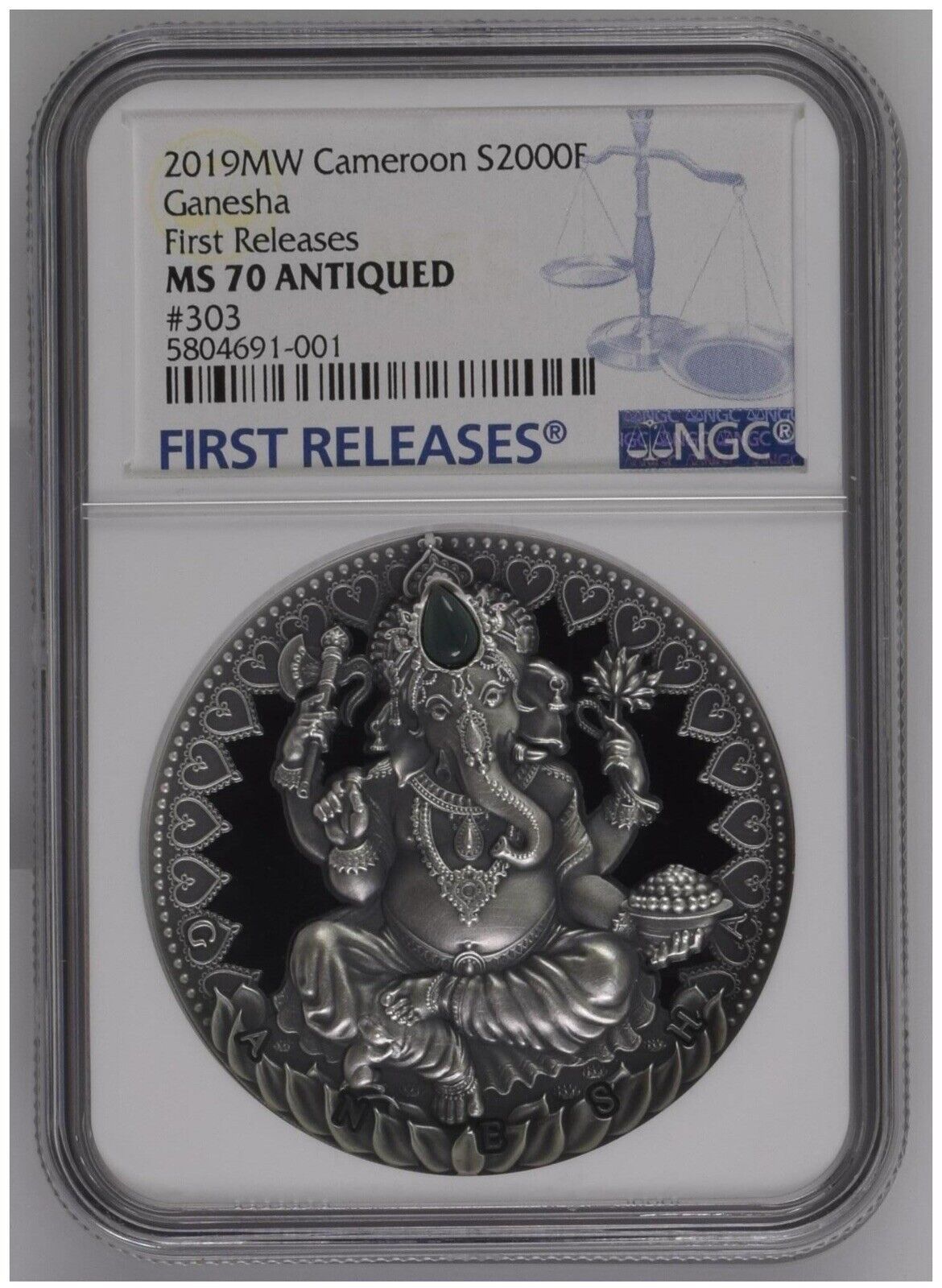 NGC MS70 FR 2019 Cameroon Wld Cultures -Ganesha 2 oz Silver Antique Coin