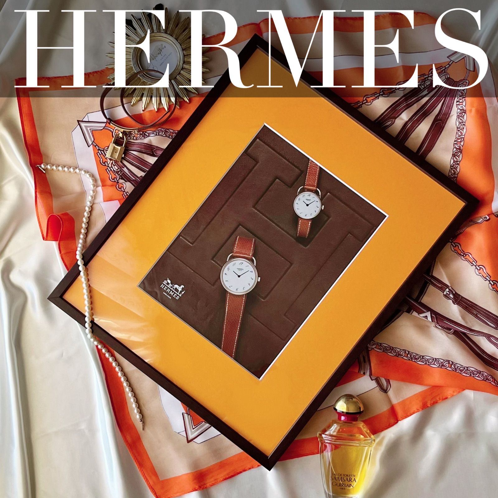 ＜1981 広告＞ HERMES エルメス時計 ポスター ヴィンテージ アートポスター フレーム付き インテリア モダン おしゃれ かわいい 壁掛け ポップ レトロ オレンジ