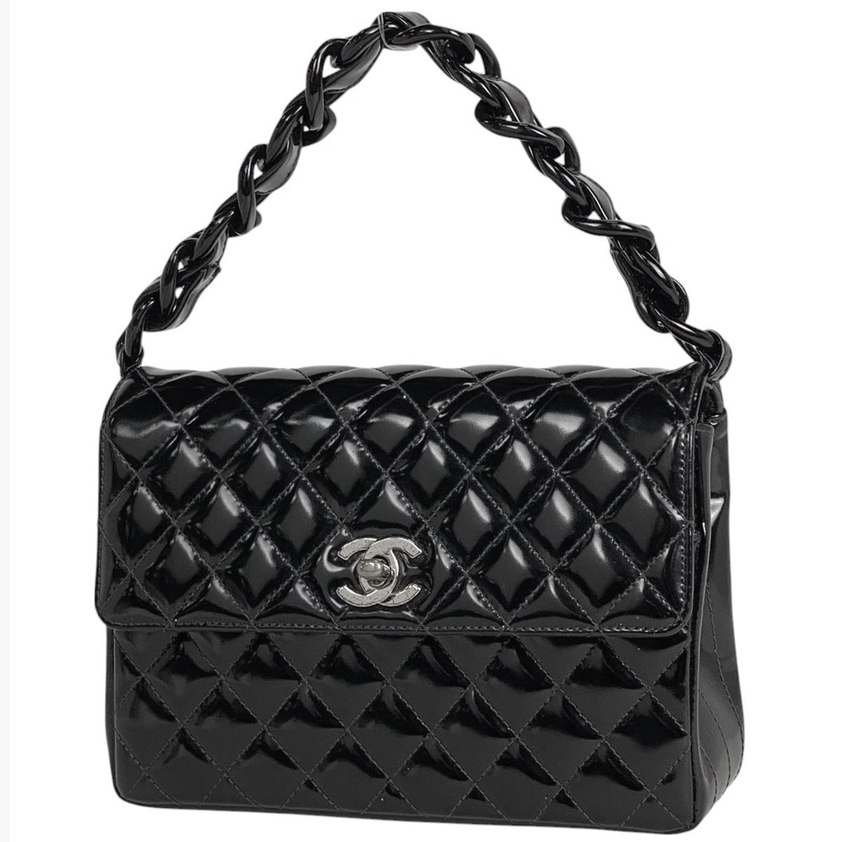 シャネル CHANEL ココマーク プラチェーン ハンドバッグ マトラッセ エナメル ハンドバッグ パテントレザー ブラック レディース