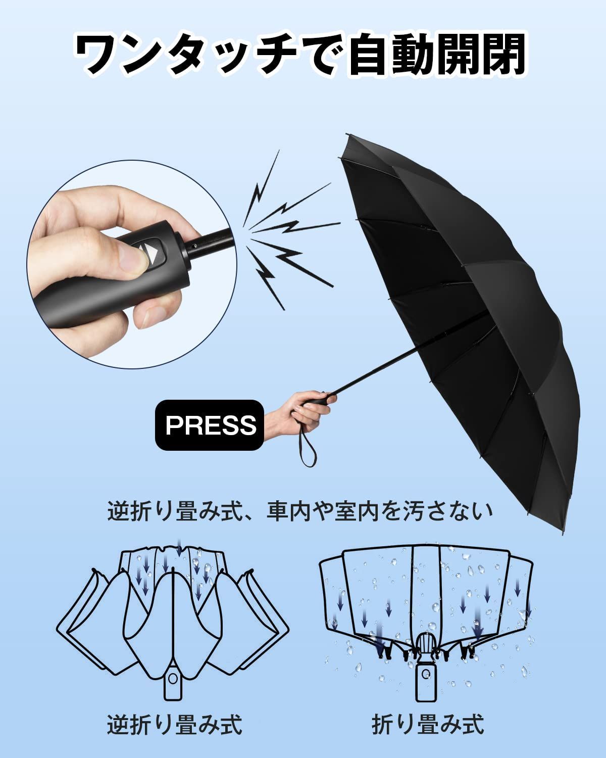 お気に入 高性能 自動開閉 折りたたみ傘 逆折り式 LED 晴雨兼用 12本骨 男女兼用