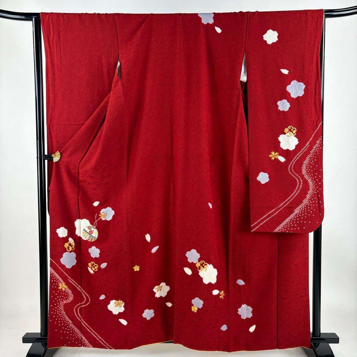 振袖 身丈166cm 裄丈71cm L 袷 鶴 流水 金糸 絞り 赤 正絹 秀品 【中古