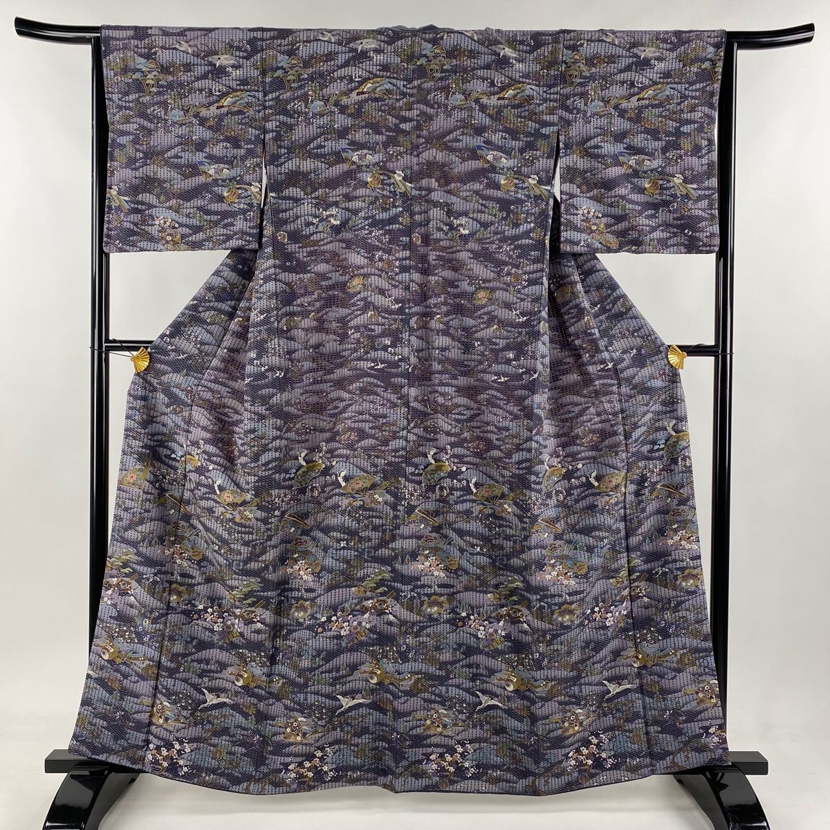付下げ 身丈161cm 裄丈65cm M 袷 鳥 扇 刺繍 金糸 紫 正絹