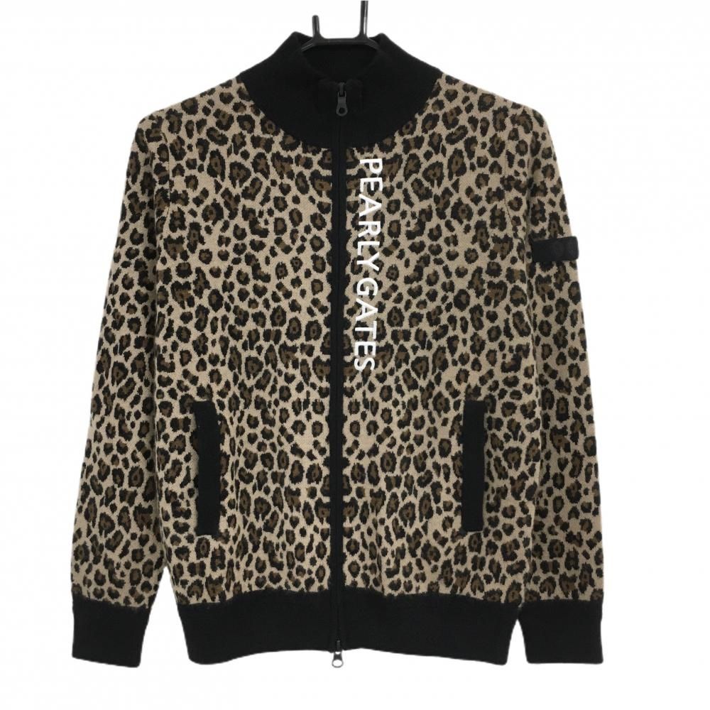 パーリーゲイツ ニットジャケット ブラウン×黒 レオパード カシミヤ混 レディース 0 S ゴルフウェア PEARLY GATES