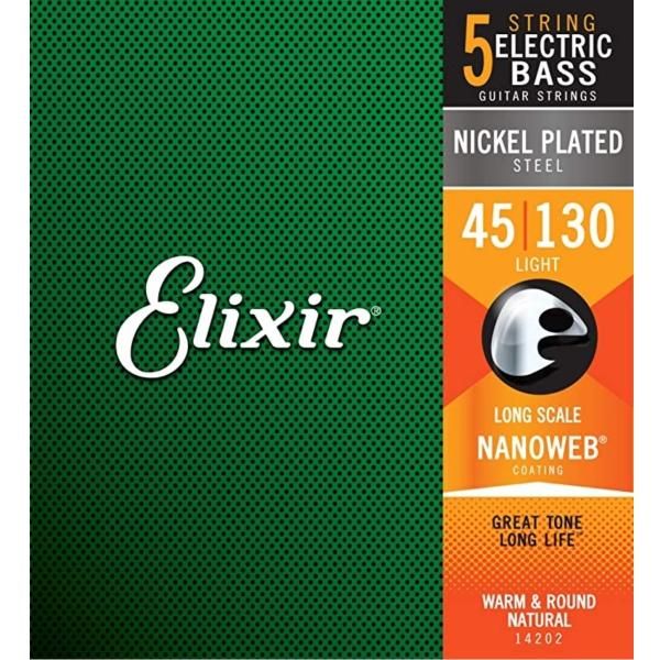 エレキベース弦 Elixir ベース弦 14202 NANOWEB 5弦 LONG SCALE 45-130 NICKEL PLATED