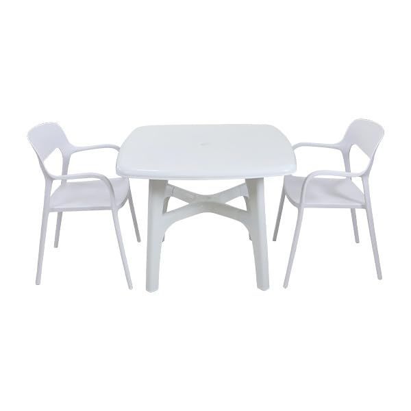 プラスチックチェア ガーデンチェア ガーデンテーブル 3点セット UVカット パラソル使用可 ガーデンテーブルセット ガーデンテーブル&チェアー 2脚 ガーデン テーブル ポリプロピレン PP プラスチック p35bchb10tbl (ホワイト)