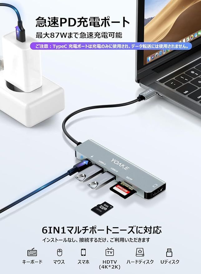 YOAKE USB C ハブ 6-in-1アダプタ 4K HDMI Type-c ドッキングステーション PD 100W USB3.0 高速データ転送  SD/TFカード Macbook/Samsung/iPad Proなど対応 - メルカリ
