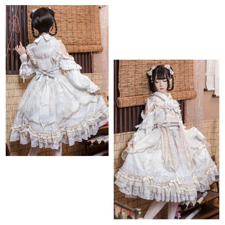 ロリータ服 白 ロリータ ワンピース 黒 かわいい フリル 4点