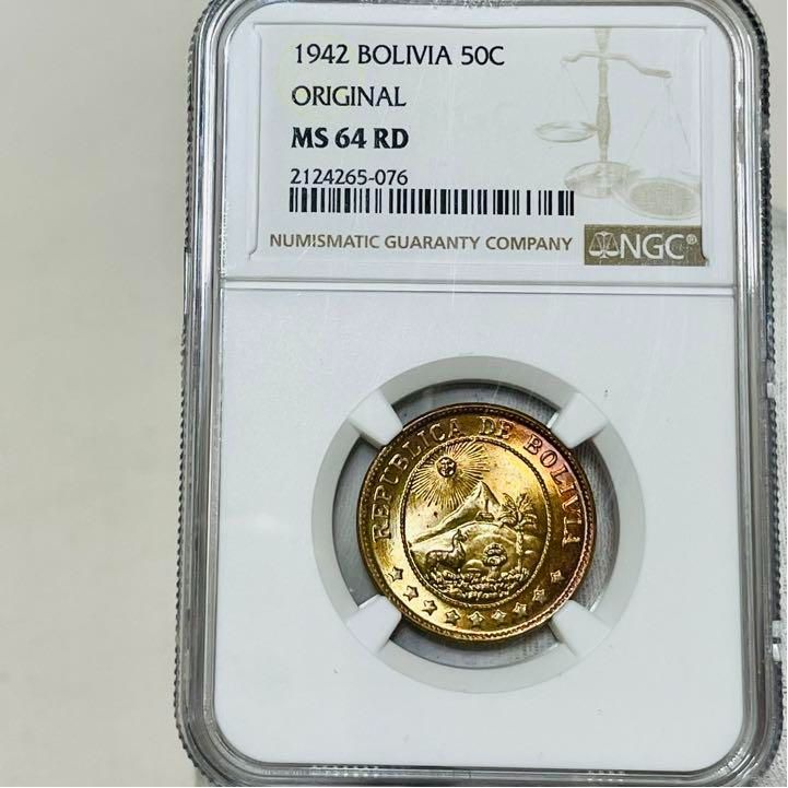 送料0円】 希少 日本初 1942 ボリビア 50CEVTAV S 銅貨NGC MS64 旧貨幣 ...