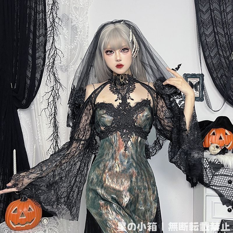 新品未使用 ゴシック暗黒系  ショルダーカバー付き マキシドレス スリムデザイン ハロウィンコスプレ衣装 シースルーレース付き 豪華2点セット ゴシックデザイン ロリータ 刺繍 2026 新品 ゴシック暗黒系 ショルダーカバー付き マキシドレス スリム