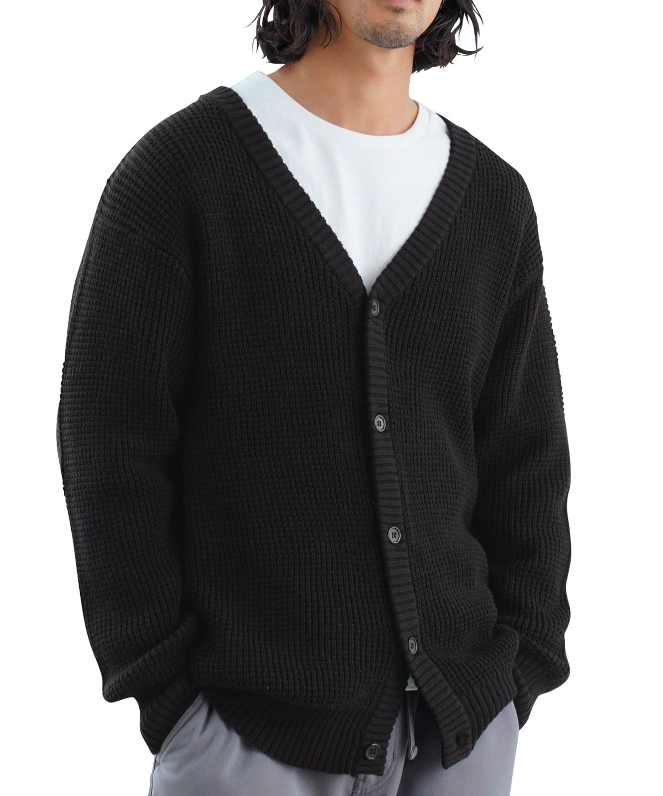Size L_Color ブラック JIGGYS SHOP ジギーズショップ ワッフルカーディガン｜L ブラック cardigan ニットカーディガン 無地 長袖 黒 灰 秋 秋服 秋物 冬 冬服 冬物 大人 シンプル キレイ目 きれいめ ボリューム 定番
