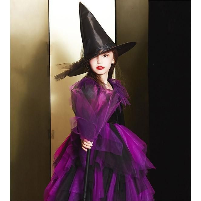 コスプレ 衣装 子供服 ハロウィン 魔女 ウィッチ 女の子 ワンピース イレギュラーヘム 長袖 帽子 コスチューム パーティ イベン 仮装