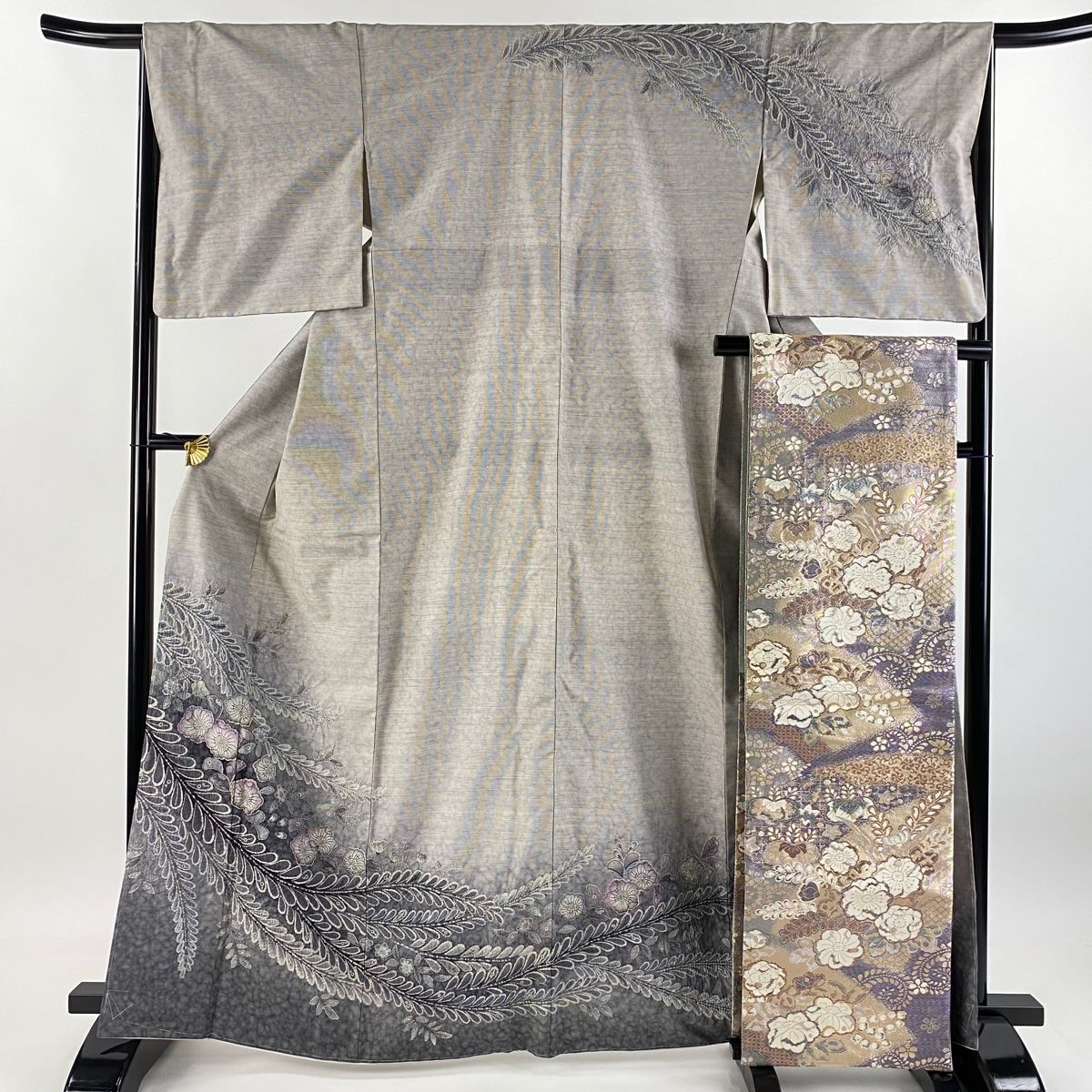 訪問着 身丈165cm 裄丈66cm M 袷 大島紬地 仙太郎 袋帯セット 落款 証紙 辻が花 灰紫 正絹