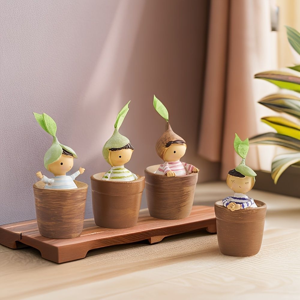 置物 オブジェ オーナメント 鉢植えに入っている男の子 4個セット ミニサイズ 室内 屋外 インテリア 玄関 リビング ダイニング 装飾 庭 ガ