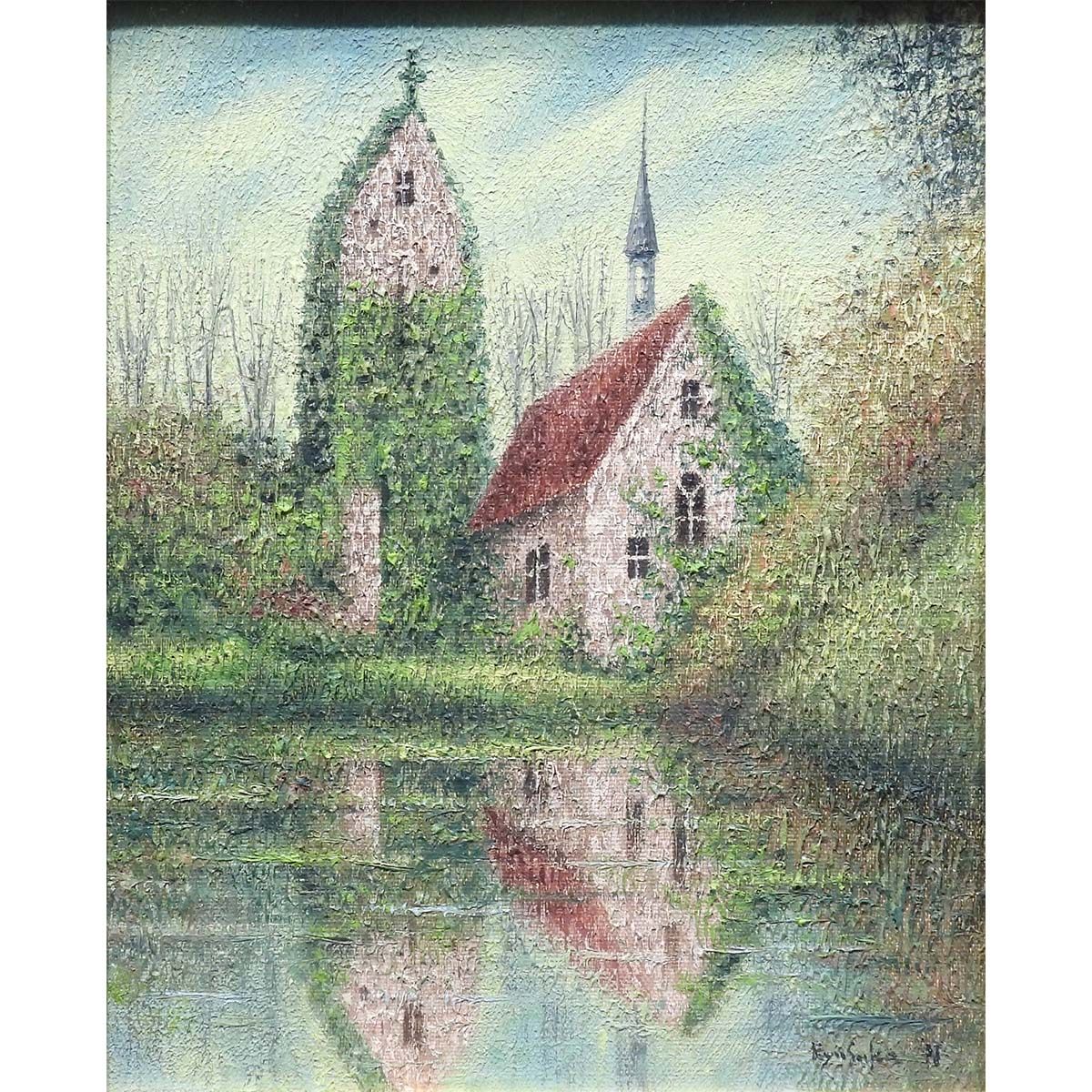 西村龍介 水辺の教会 油彩3号 風景画 共シール 油絵 原画 絵画 真作保証 最終値下げ 西村龍介 水辺の教会 油彩3号 風景画 共シール 点