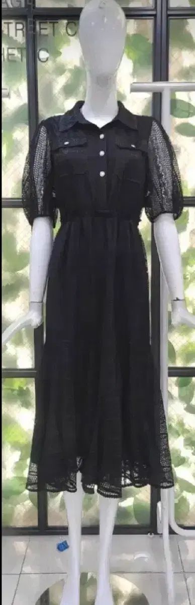 DEWL パフスリーブ ウエストゴム レース ワンピース 55 サイズ ブラック
