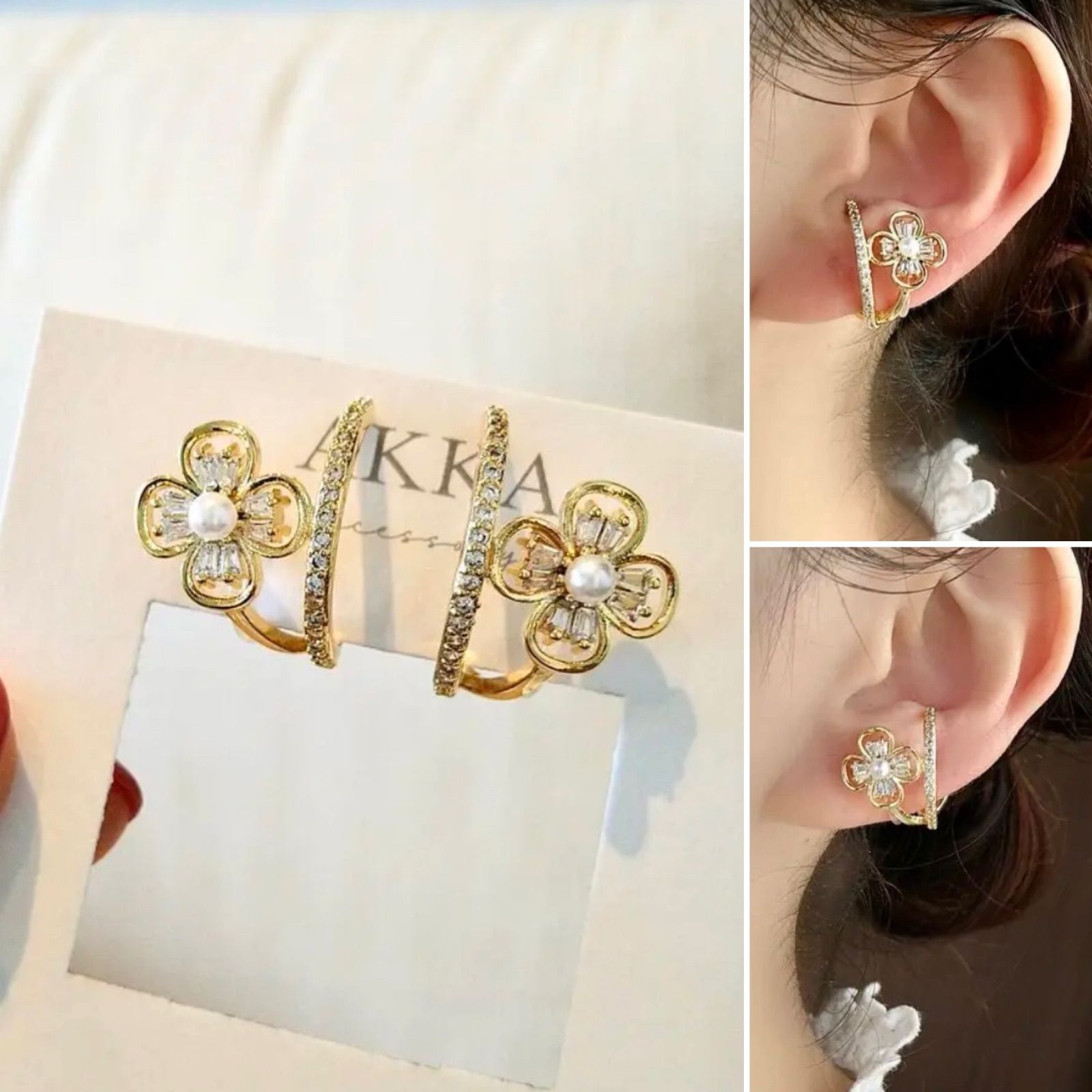 Flower&bijou foop earrings フラワーとビジューの2連フープイヤリング