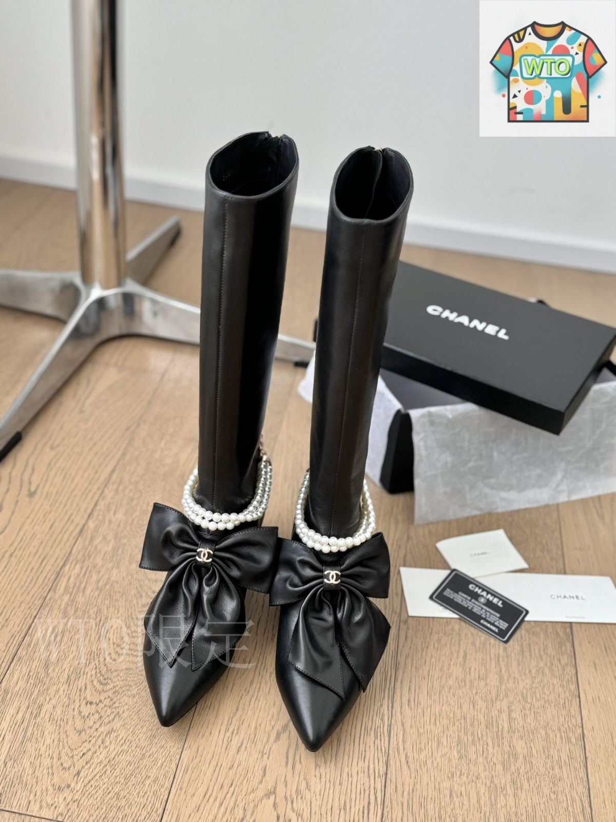 【良品】CHANEL シャネル ロングブーツ パール レザー シャネル 24A パール ボウ ロング & ショートブーツ レザー
