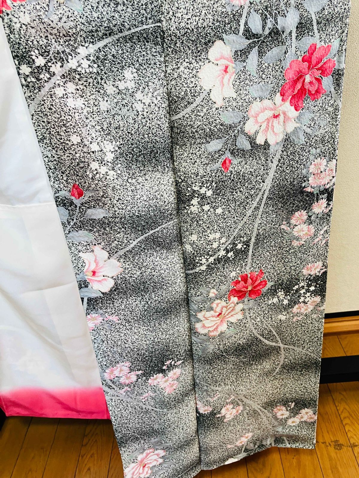 平和屋着物＊夏物 小紋 絽 扇子花文 洗える着物 AABC9405jd