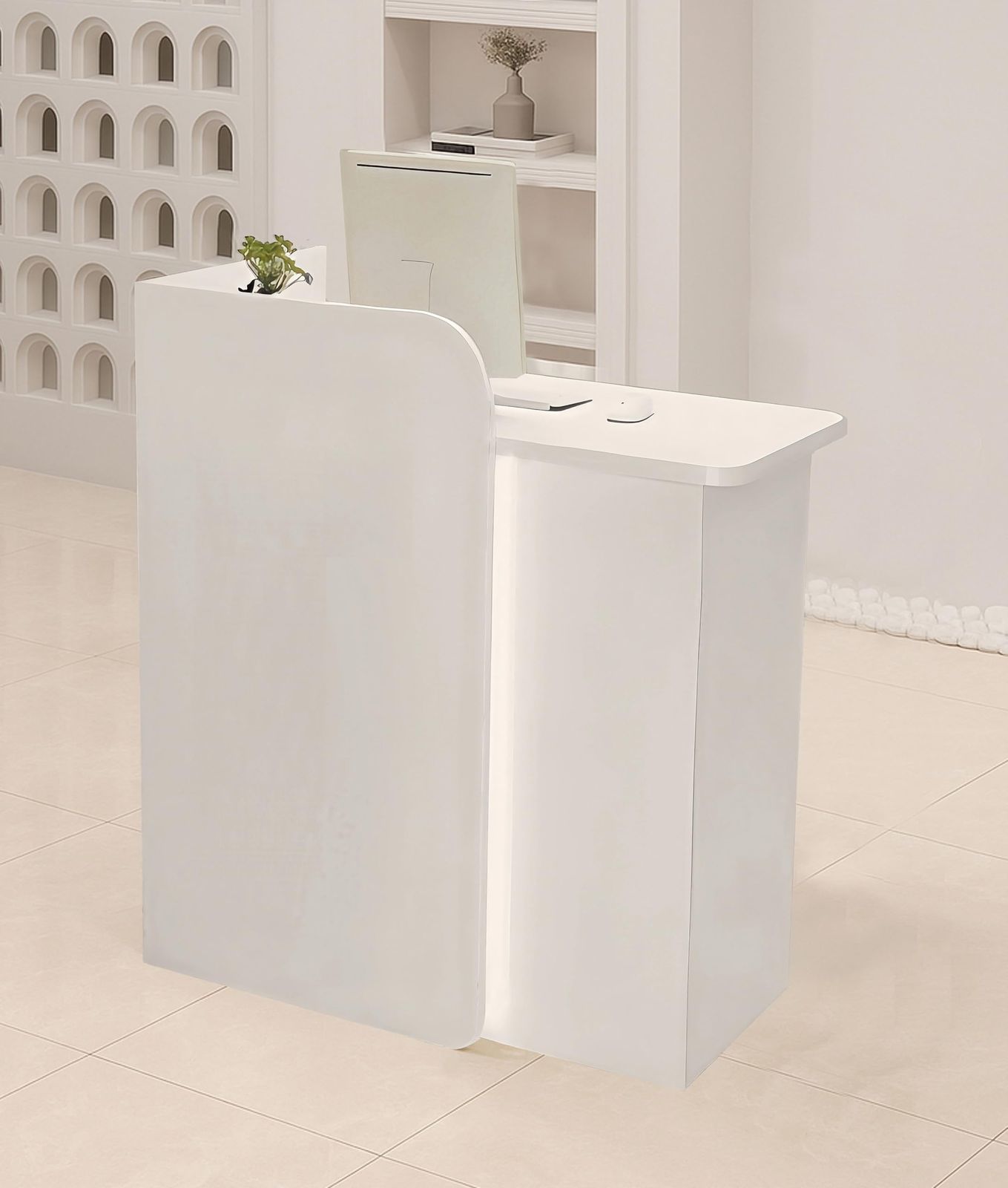 オフィス受付台 おしゃれ 広いデスクトップと2つ引き出し スリム 大空間 45奥行きx80幅x100高さcm お店 LEDライト付き 美容室 カウンターテーブル アパレルショップ 木製 受付カウンター 会社フロント レジカウンター 日本語説明書付き ホワ