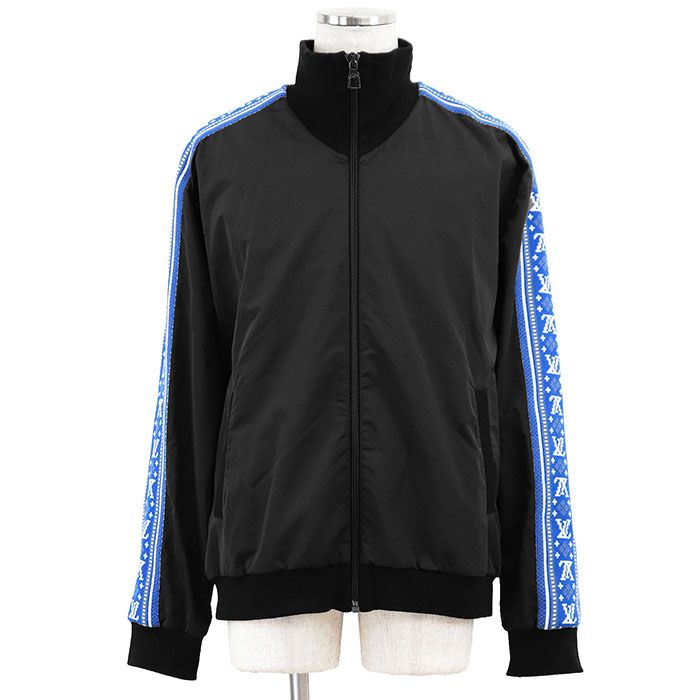 LOUIS VUITTON ルイ ヴィトン トラックジャケット ニット x ナイロン 2025SS LV ロゴ モノグラム フェアアイル ジャガード メッシュライニング ジップアップ ブルゾン アウター メンズ XL ブラック ブルー 黒 青 イタリア製